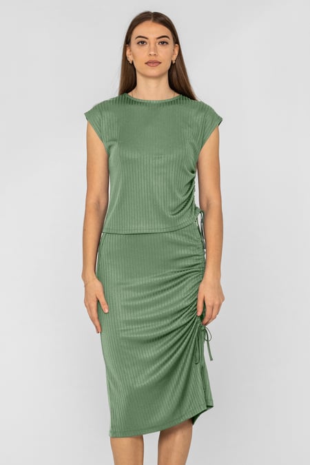 Green Ruched Drawstring Top & Skirt Set