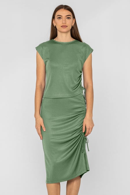 Green Ruched Drawstring Top & Skirt Set