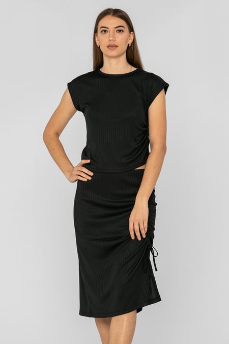 Black Ruched Drawstring Top & Skirt Set