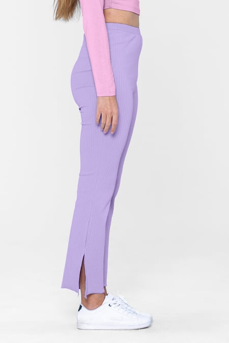 Purple Textured Rib Side Slit Jersey Trousers