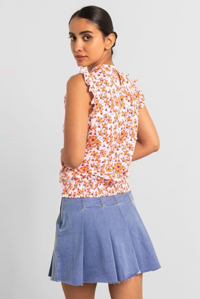 Pleated Design Frayed Raw Hem Mini Skirt