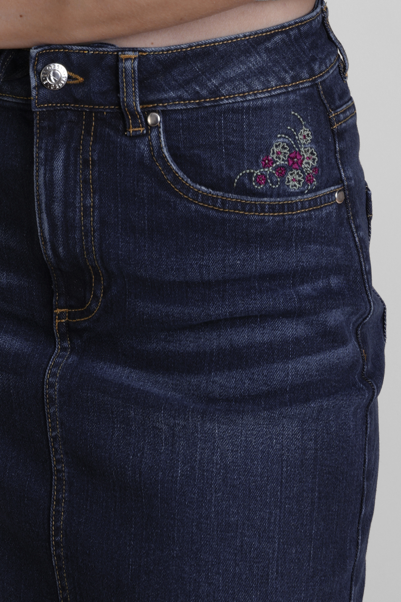 Denim Midi Skirt With Embroidery Details