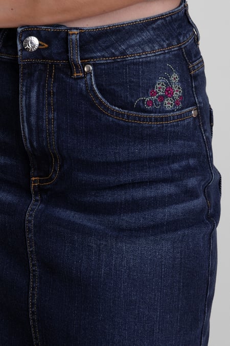 Navy Denim Midi Skirt With Embroidery Details