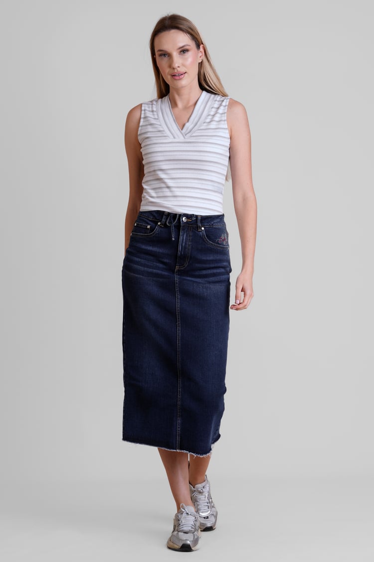 Denim Midi Skirt With Embroidery Details
