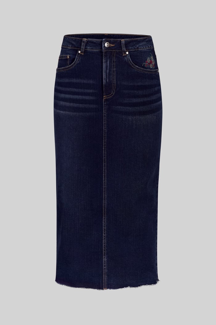 Denim Midi Skirt With Embroidery Details