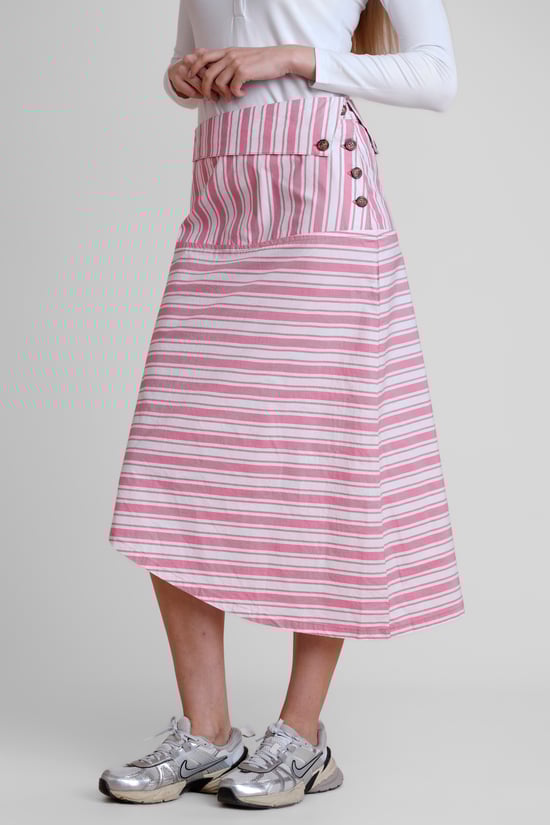 Striped Asymmetric Hem Midi Skirt