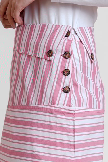 Pink Striped Asymmetric Hem Midi Skirt