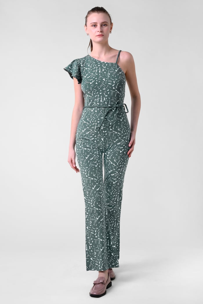 One-Shoulder Jumpsuit with Ruffle Sleeve Detail