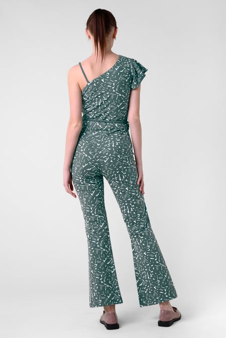 Green One-Shoulder Jumpsuit with Ruffle Sleeve Detail