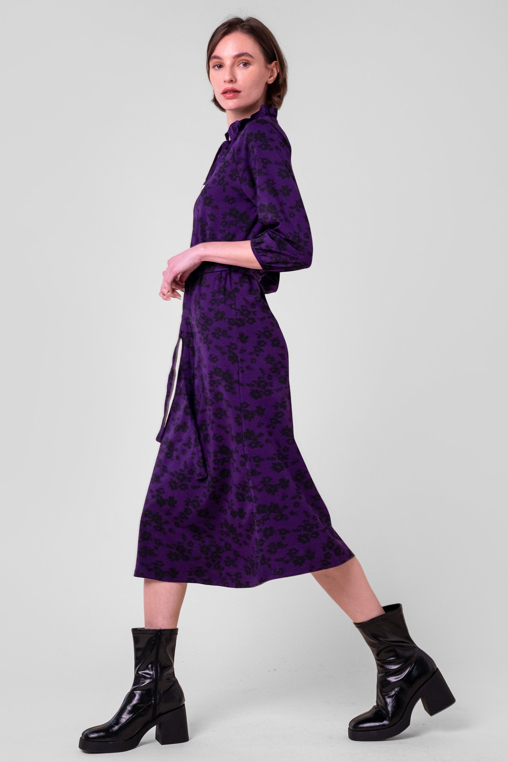 Tie Frill Neck Printed Midi Dress