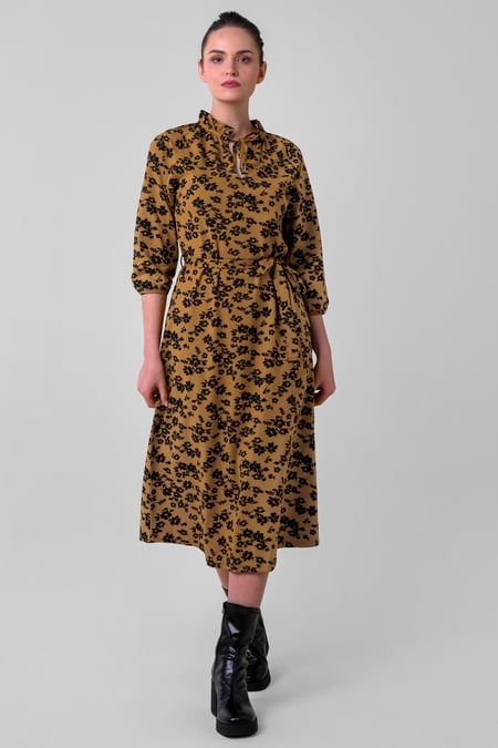 Tie Frill Neck Printed Midi Dress