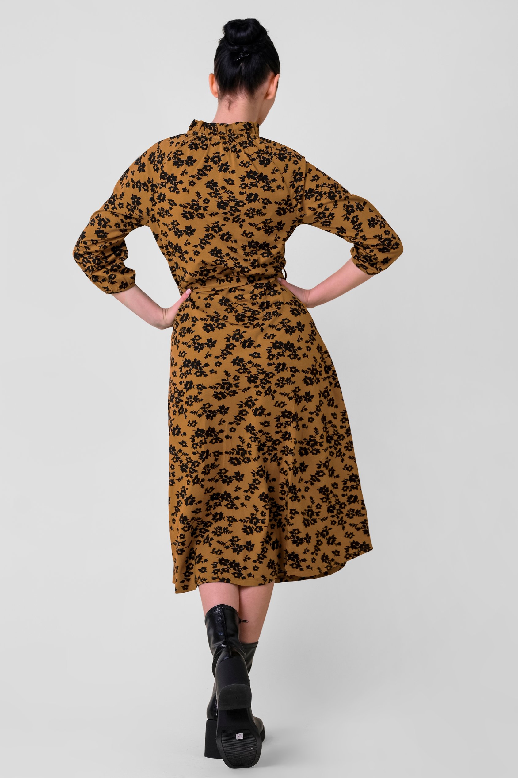 Tie Frill Neck Printed Midi Dress