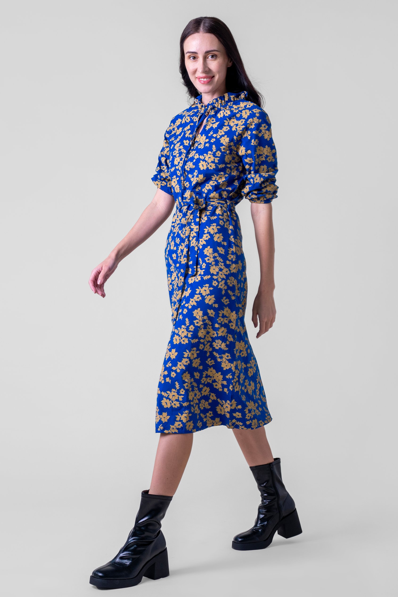 Tie Frill Neck Printed Midi Dress