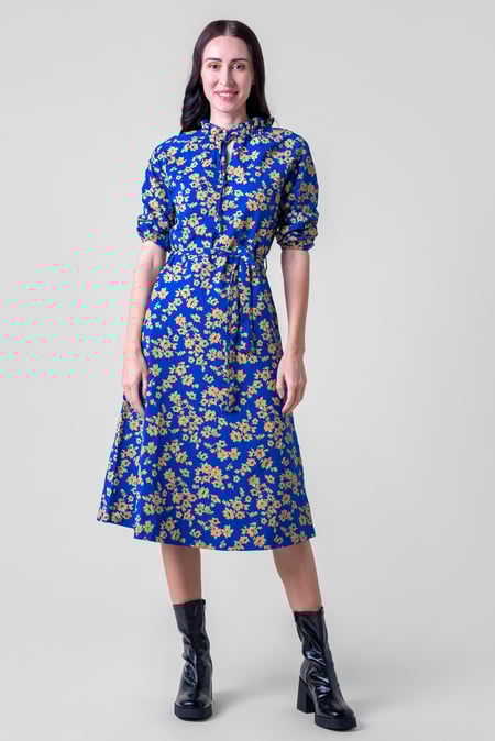 Purple Tie Frill Neck Printed Midi Dress