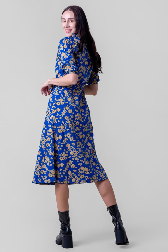 Tie Frill Neck Printed Midi Dress