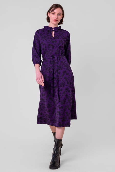 Gold Tie Frill Neck Printed Midi Dress