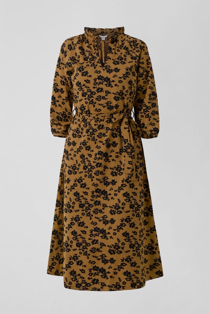 Tie Frill Neck Printed Midi Dress