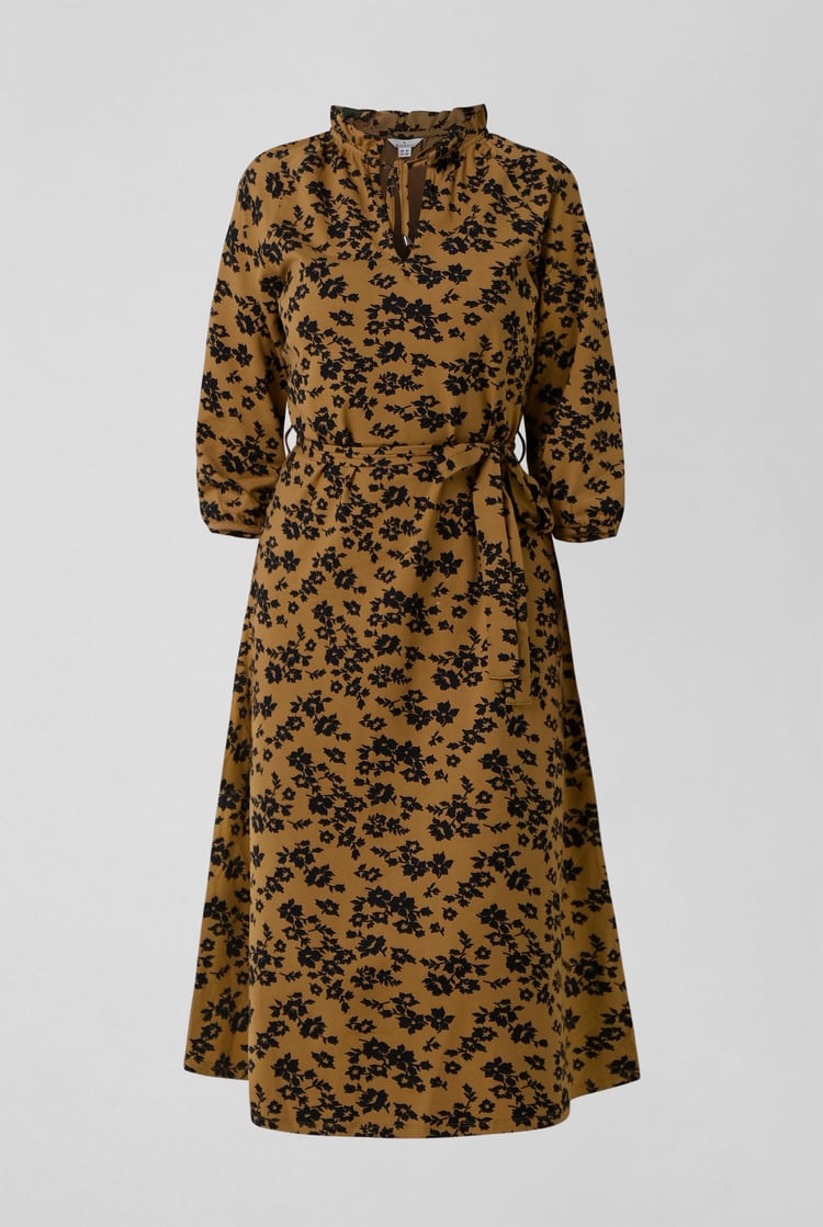 Tie Frill Neck Printed Midi Dress