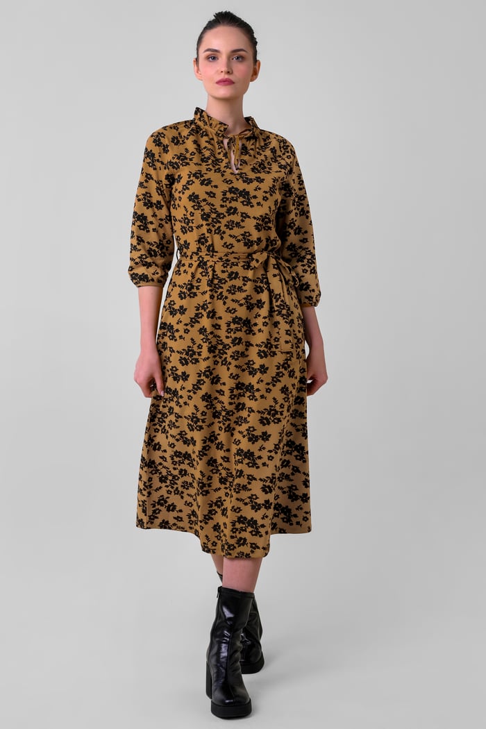 Tie Frill Neck Printed Midi Dress