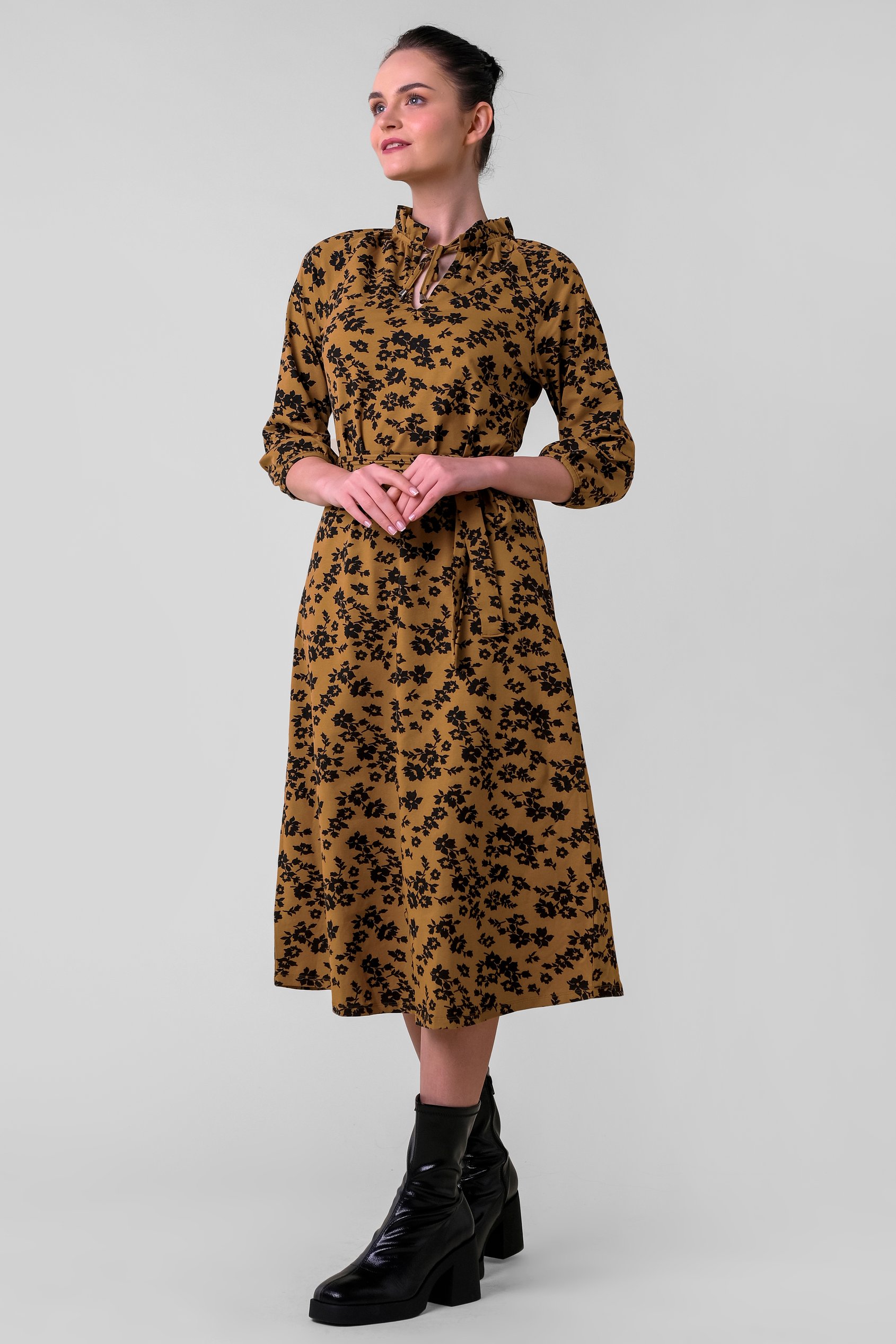 Tie Frill Neck Printed Midi Dress