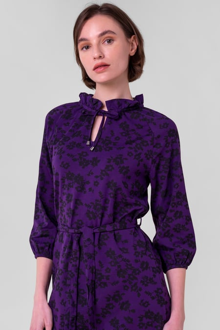 Purple Tie Frill Neck Printed Midi Dress