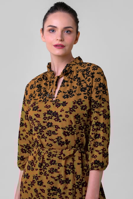 Gold Tie Frill Neck Printed Midi Dress