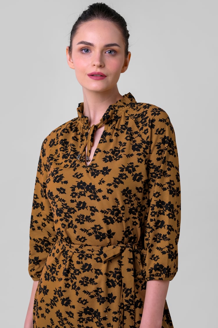 Tie Frill Neck Printed Midi Dress