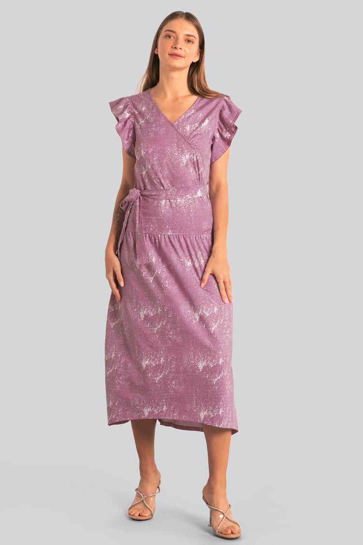 Frill - Sleeve Brush Print Wrap Asymmetric Dress