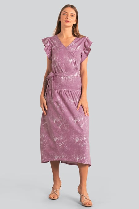 Blue Frill - Sleeve Brush Print Wrap Asymmetric Dress