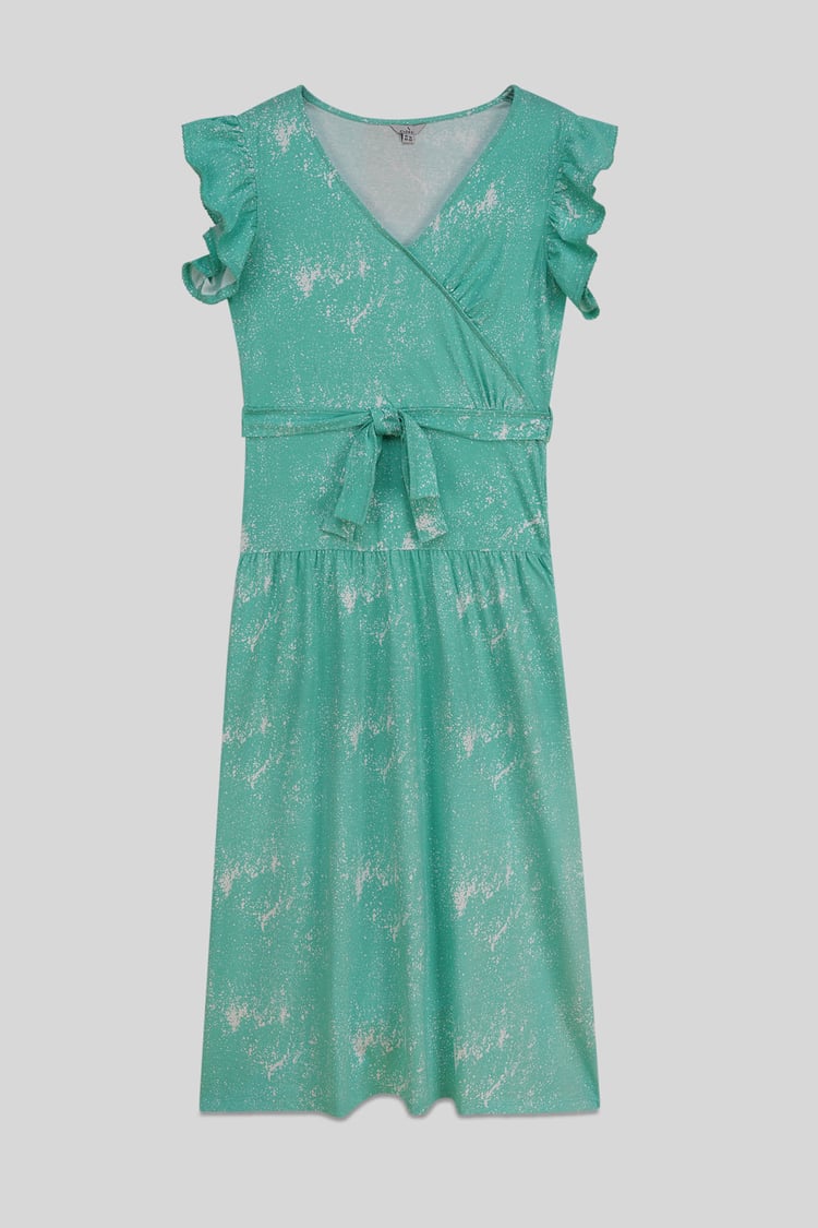 Frill - Sleeve Brush Print Wrap Asymmetric Dress