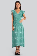 Frill - Sleeve Brush Print Wrap Asymmetric Dress