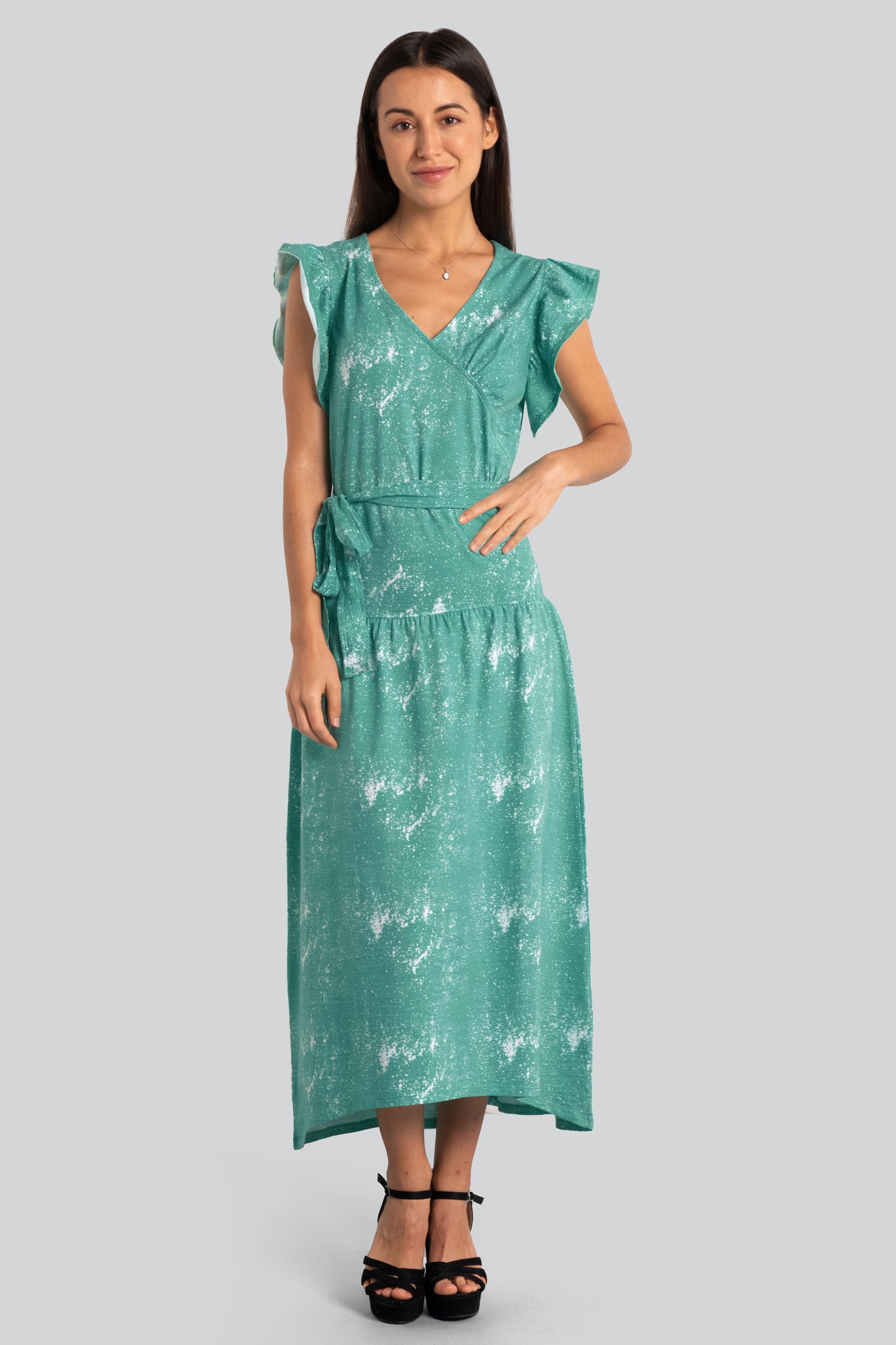 Frill - Sleeve Brush Print Wrap Asymmetric Dress