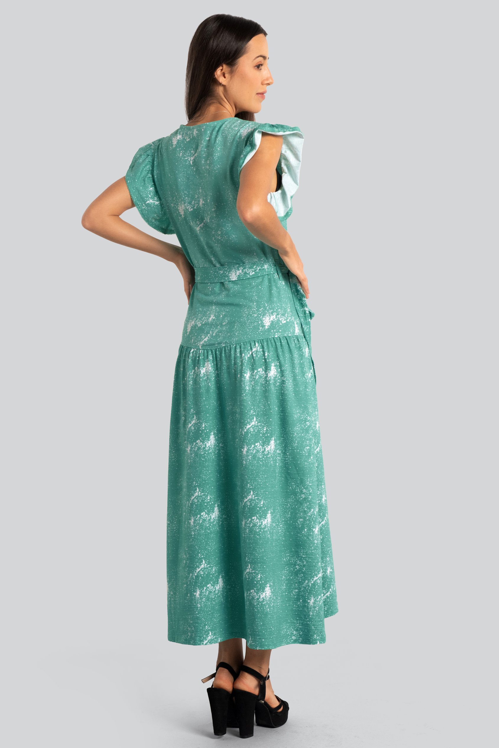 Frill - Sleeve Brush Print Wrap Asymmetric Dress