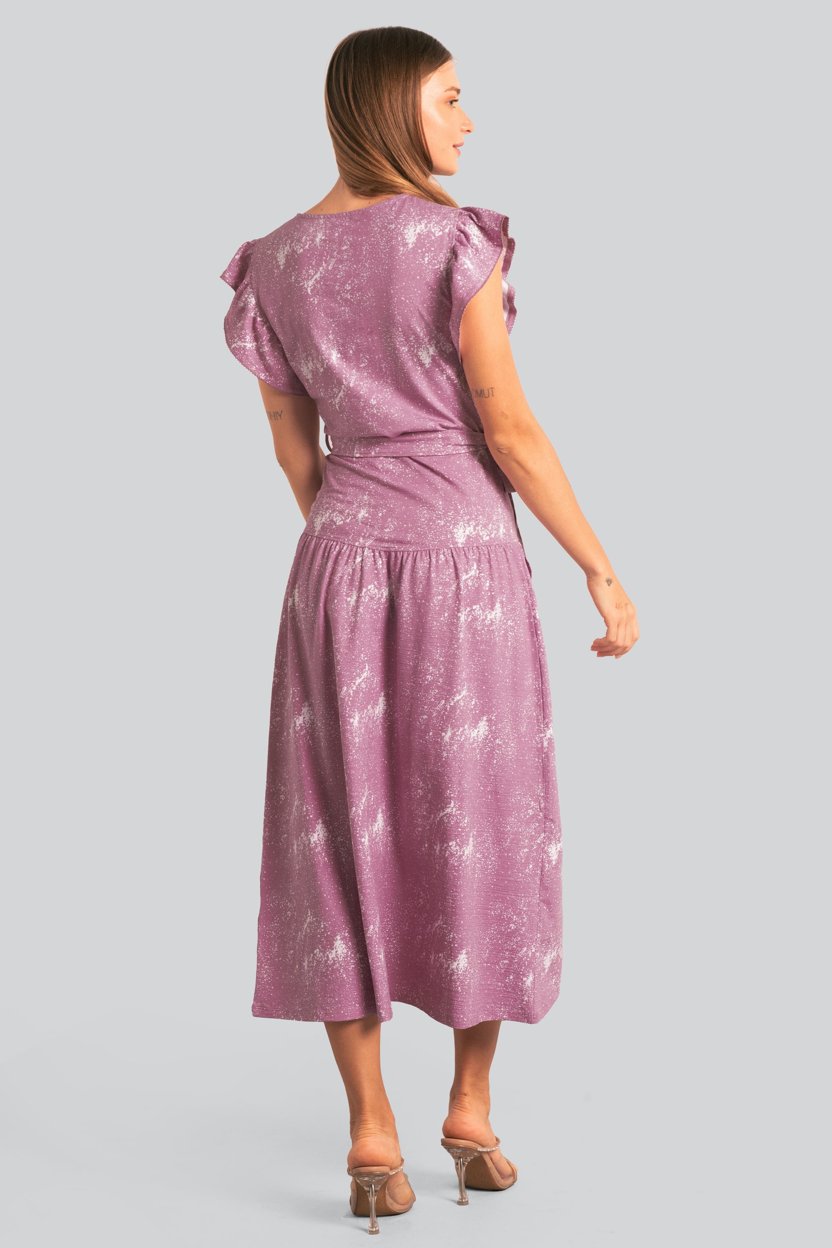 Frill - Sleeve Brush Print Wrap Asymmetric Dress