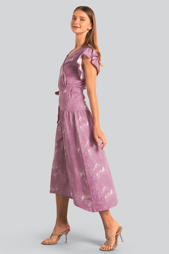 Frill - Sleeve Brush Print Wrap Asymmetric Dress