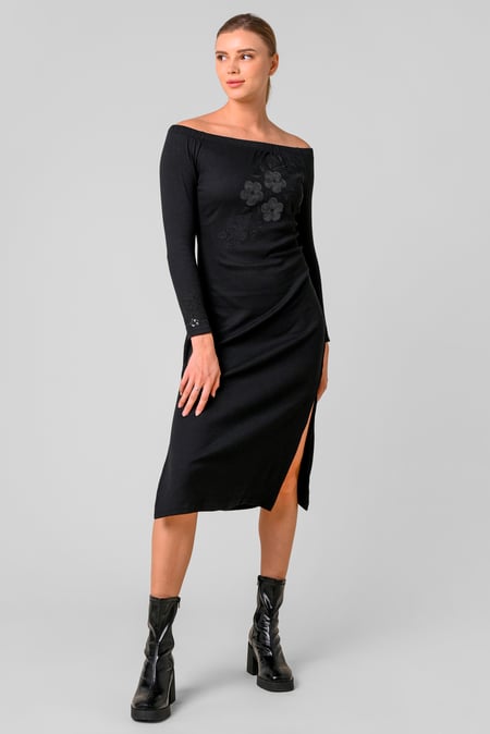 Cream Off Shoulder Embroidery Decor Midi Dress