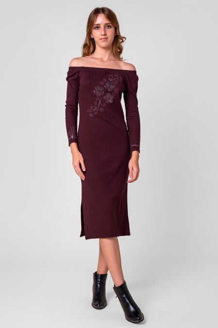 Cream Off Shoulder Embroidery Decor Midi Dress