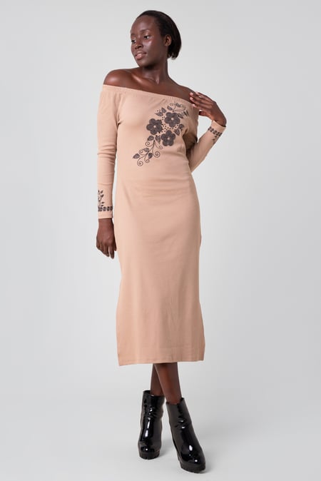 Cream Off Shoulder Embroidery Decor Midi Dress