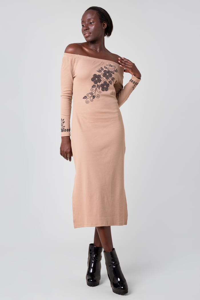 Off Shoulder Embroidery Decor Midi Dress