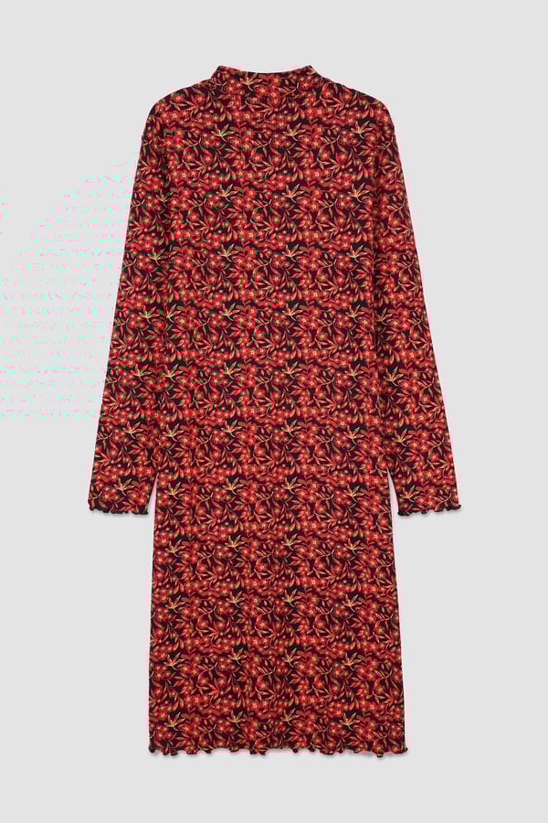 Black Crepe Ribbed Midi Floral Dress