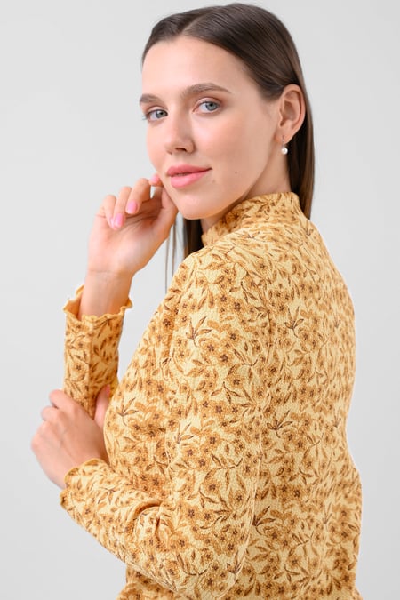 Yellow Crepe Ribbed Midi Floral Dress