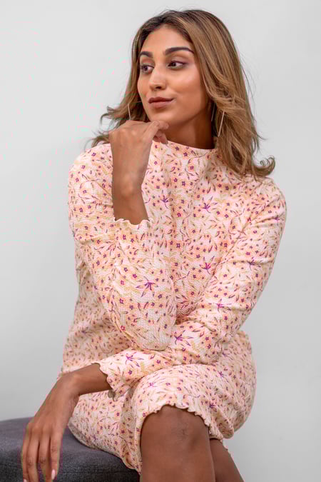 Cream Crepe Ribbed Midi Floral Dress