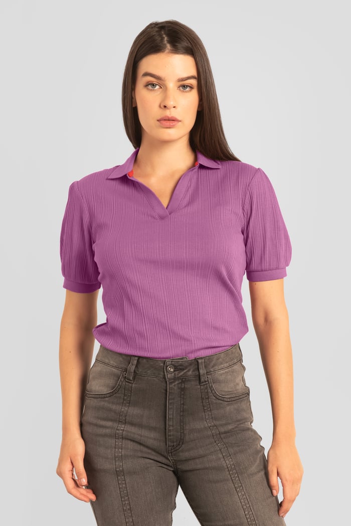 Womens Puff Sleeve V-Neck Polo Shirt