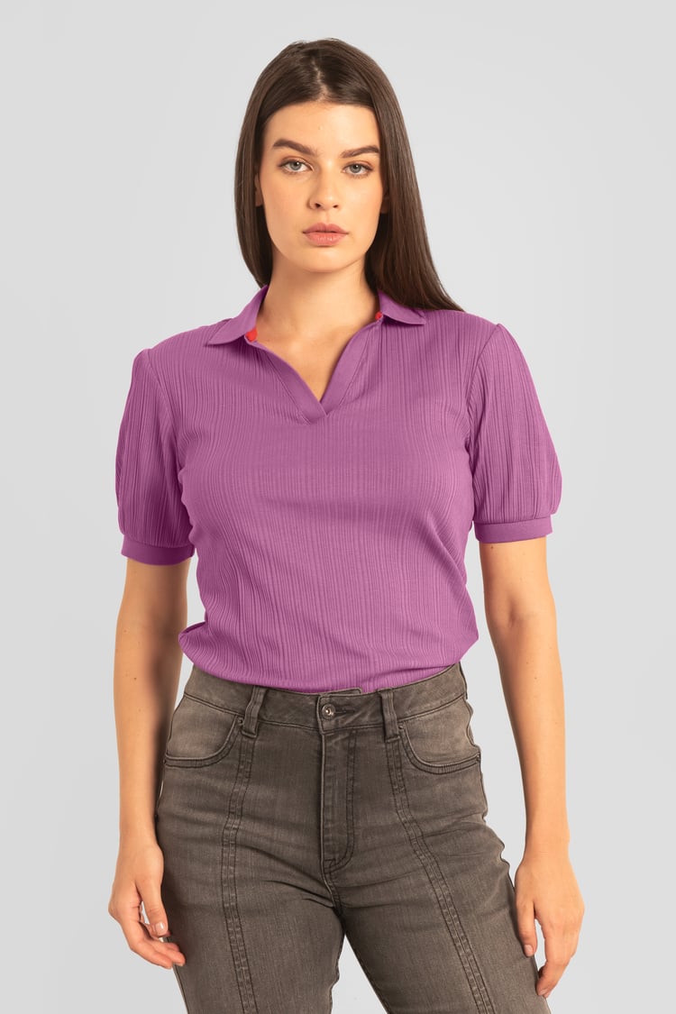 Womens Puff Sleeve V-Neck Polo Shirt