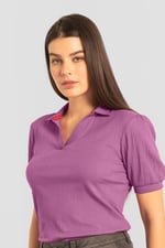 Womens Puff Sleeve V-Neck Polo Shirt