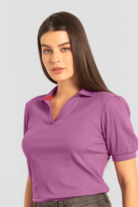 Womens Purple Puff Sleeve V-Neck Polo Shirt