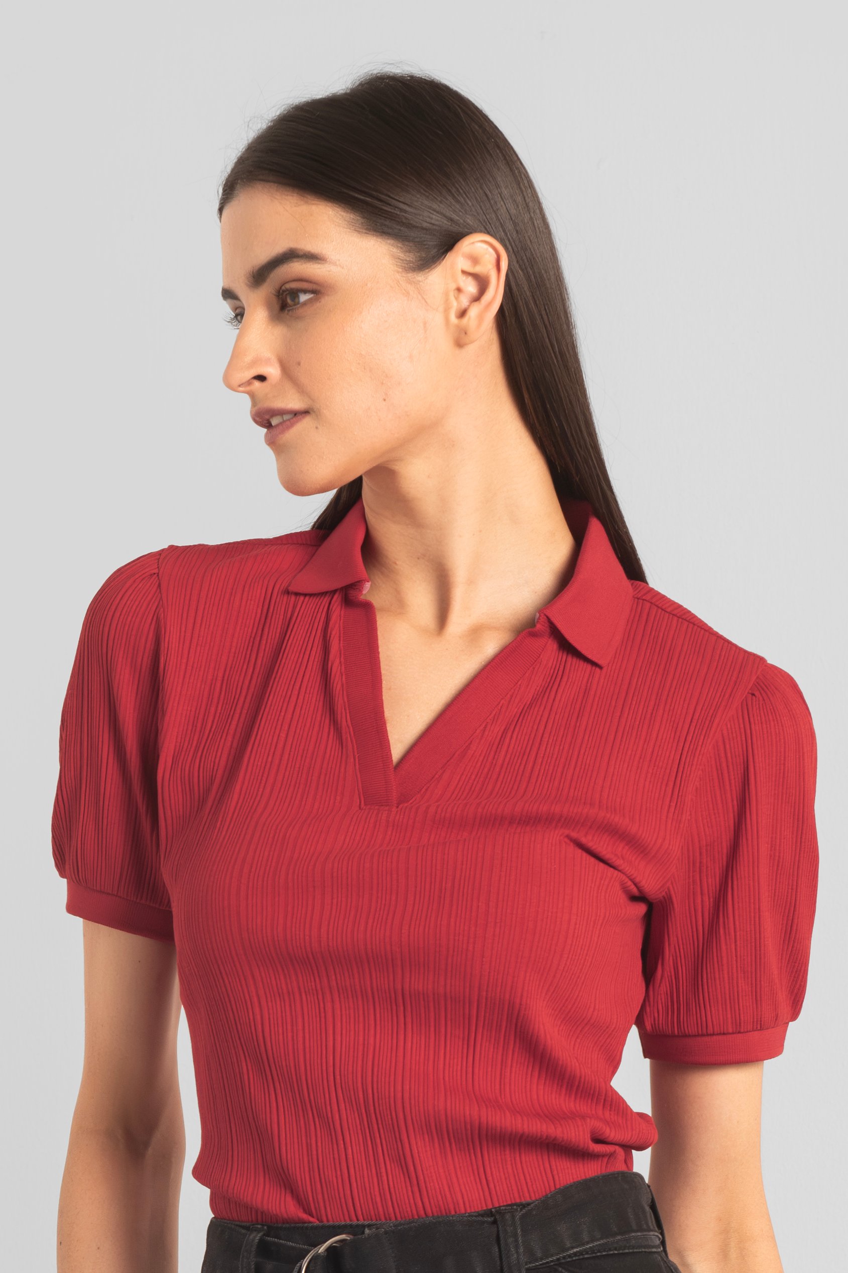 Womens Puff Sleeve V-Neck Polo Shirt