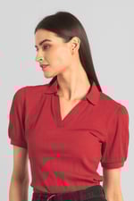 Womens Puff Sleeve V-Neck Polo Shirt