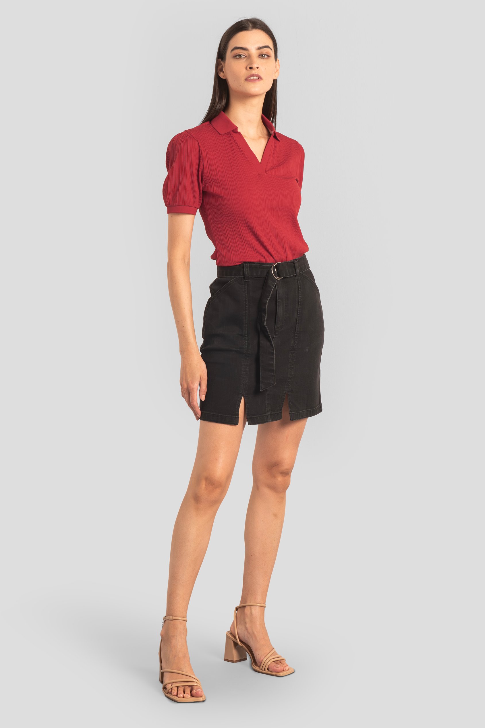 Womens Puff Sleeve V-Neck Polo Shirt