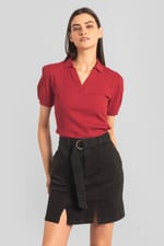 Womens Puff Sleeve V-Neck Polo Shirt